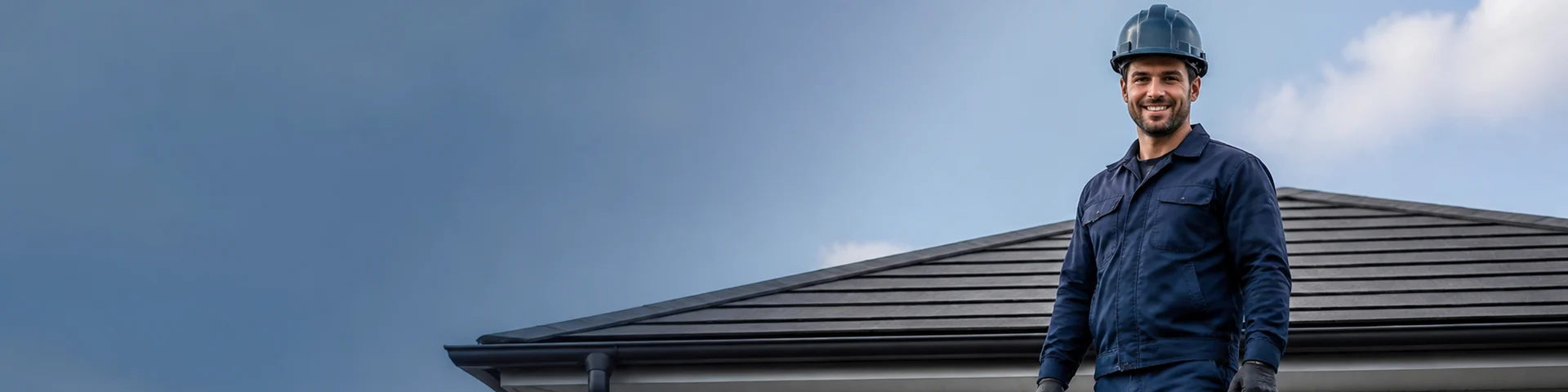 Bright Home Care exterior home maintenance technician beside a residential roofline